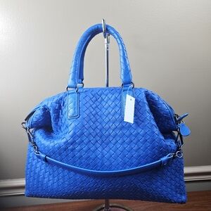 Bottega Veneta Intrecciato Nappa Convertible Satchel Two Ways Blue Bag